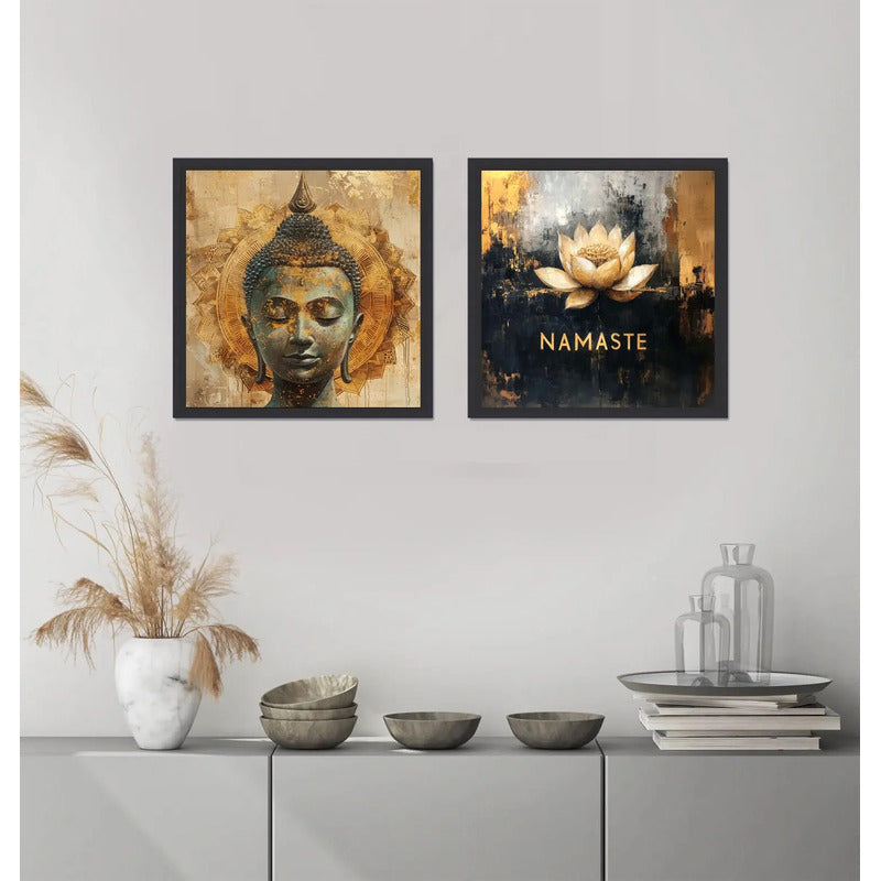 Set 2 Cuadros Buda Flor De Loto Feng Shui Zen Casa - 33x33cm Buda Namaste Negro