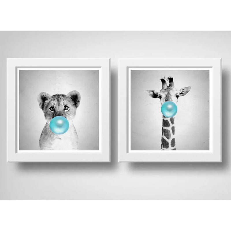 Set 2 Cuadros Leon Chicle Jirafa Baby Animals Art Decoracion