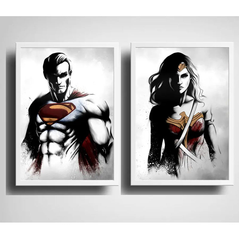 Set 2 Cuadros Superman Mujer Maravilla Superhéroes Dc Comics