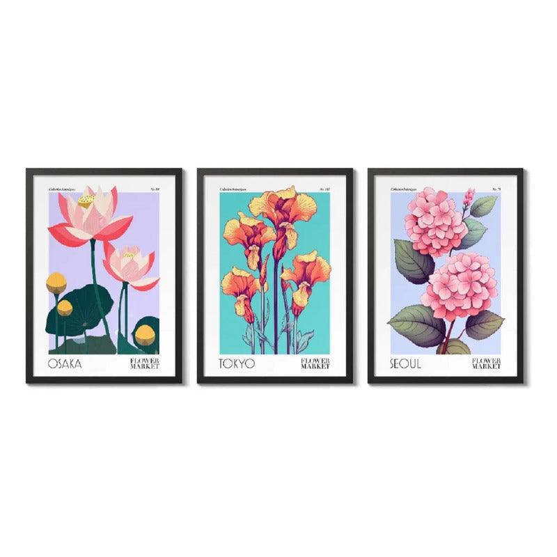 Set 3 Cuadros Flower Market Flores Asia Arte Decoracion Marco Negro