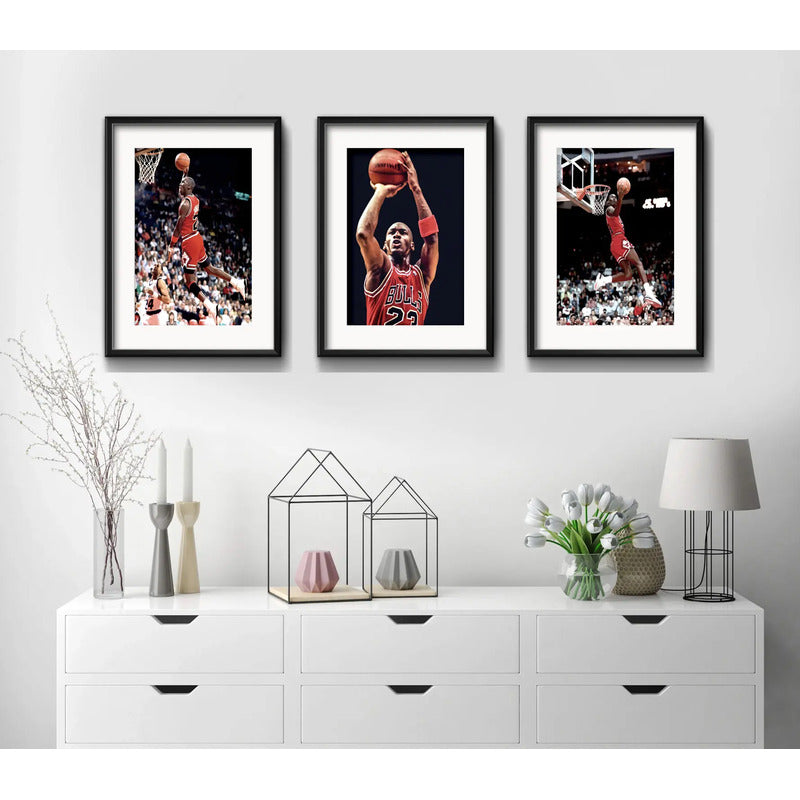 Set 3 Cuadros Michael Jordan Basket Nba Nike Con Paspartu Marco Negro
