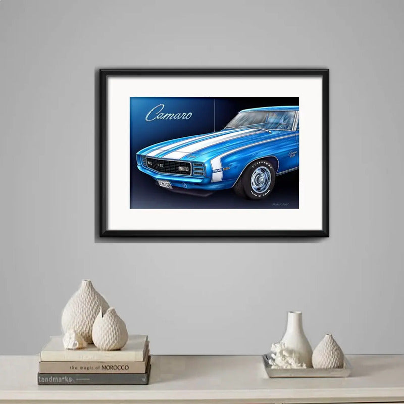 Cuadro Autos Antiguos Modelos Marcas Retro Arte Con Paspartu Chevrolet Camaro Ss 396 Azul Con Marco Negro