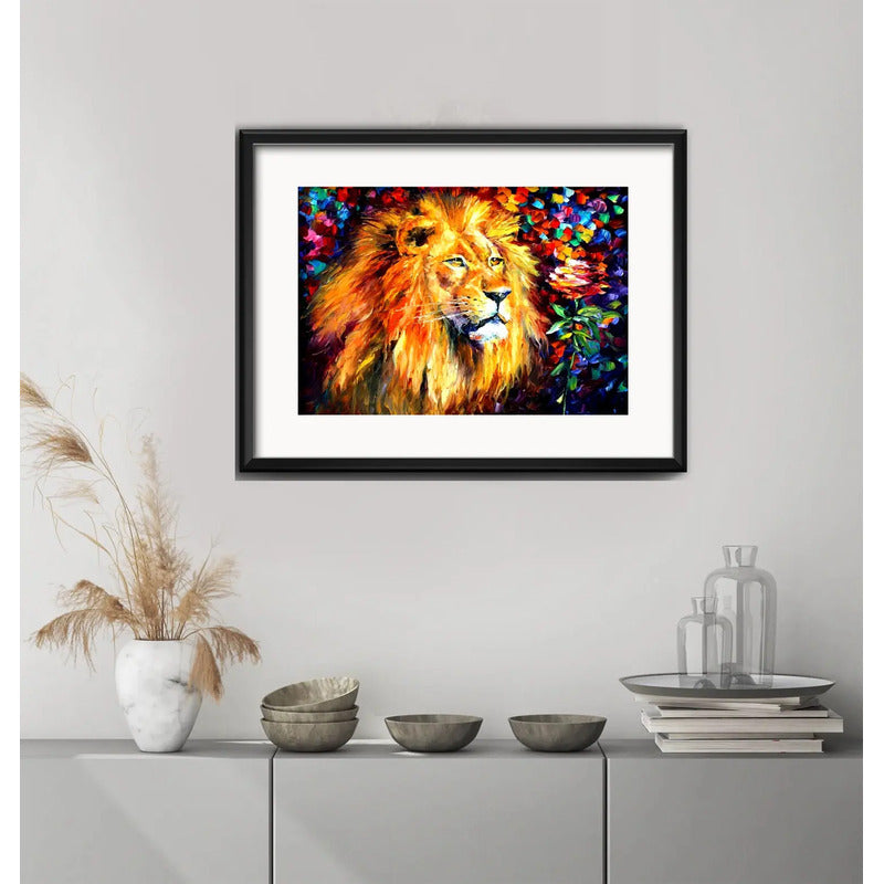 Cuadro Leon Pop Art Colores Sabiduría 53x43cm Con Paspartú Marco Negro