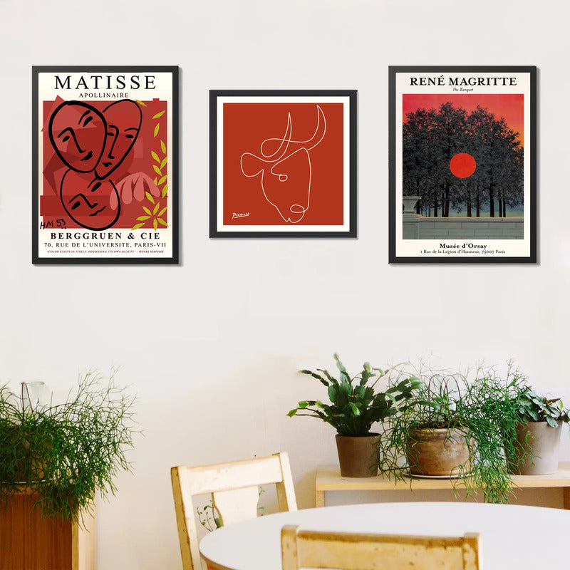 Set 3 Cuadros Para Living Cocina Estudio Tonos Rojos Red Matisse Picasso Magritte Con Marco Negro
