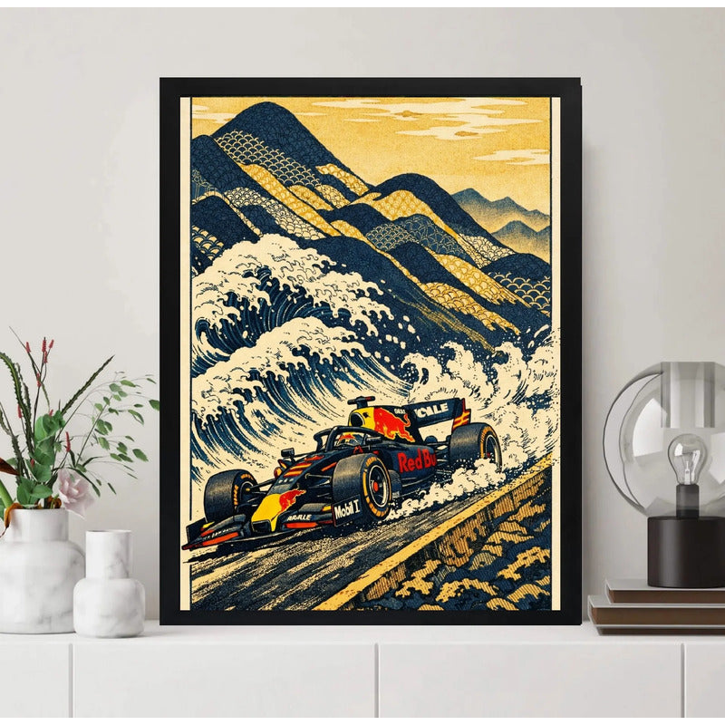 Cuadro Auto Formula 1 Ola Kanagawa Japón Carrera Vintage Art Marco Negro