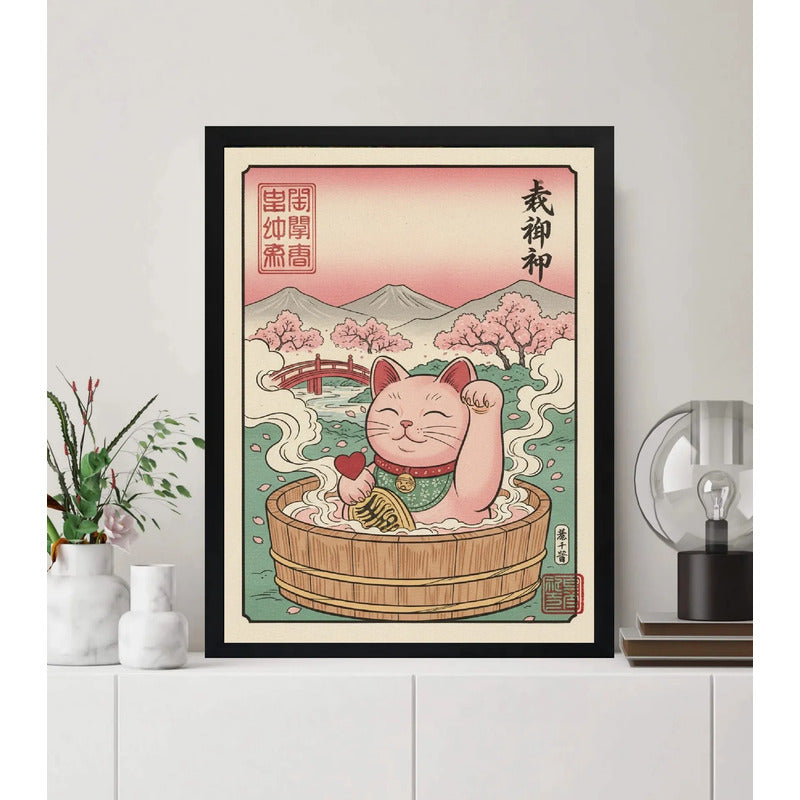 Cuadro Bano Gato De La Suerte Banera Rosa Flor Cerezo Japón Marco Negro
