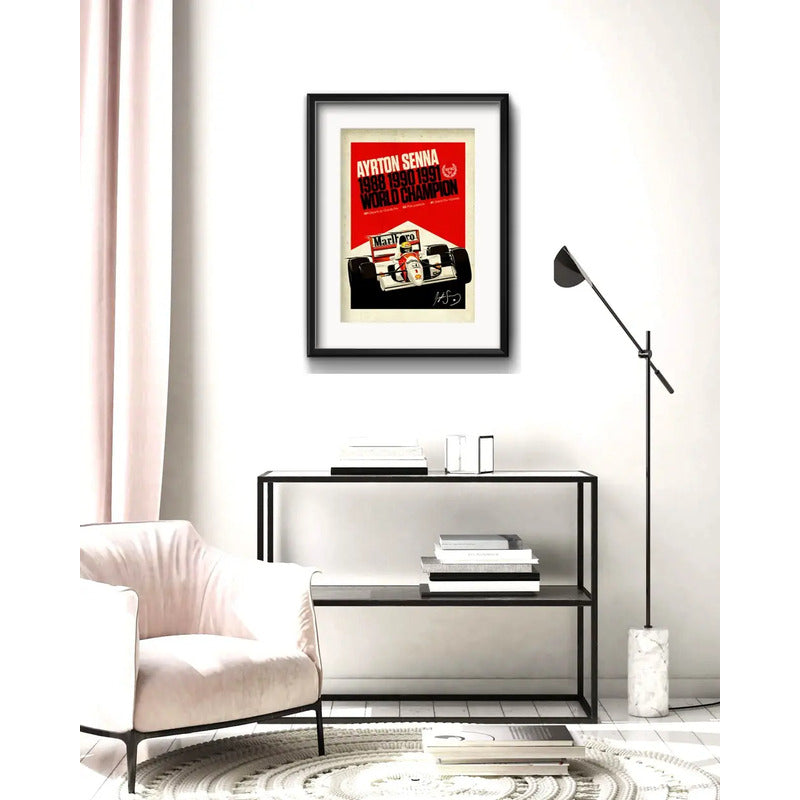 Cuadro Ayrton Senna Formula 1 Carrera 53x43cm Con Paspartu Marco Negro