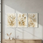 Set 3 Cuadros Living Dormitorio Flores Beige Crema Abstracto Marco Blanco