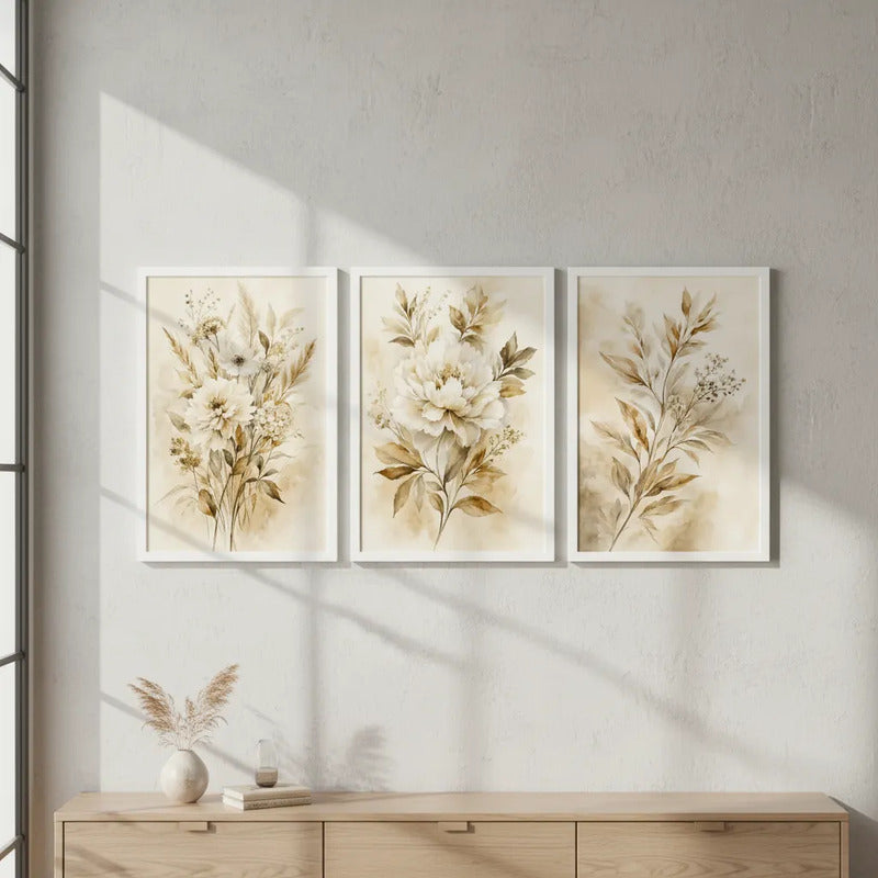 Set 3 Cuadros Living Dormitorio Flores Beige Crema Abstracto Marco Blanco