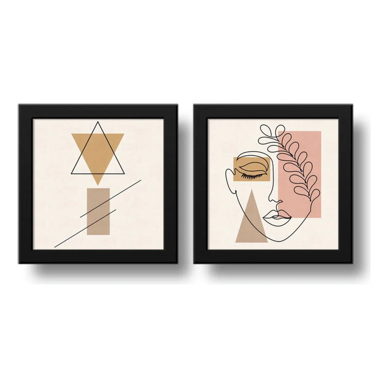 Set 2 Cuadros Rostro Mujer Minimalista Boho Arte - 33x33cm Marco Negro