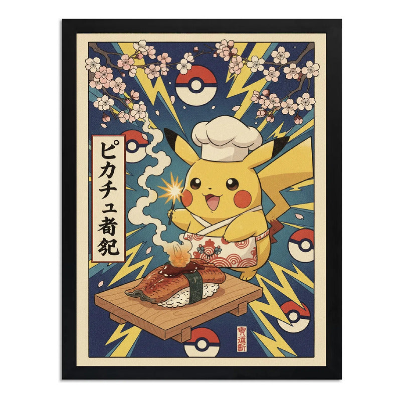Cuadro Pikachu Chef Sushi Cocina Comida Japón Pokemon Anime Marco Negro