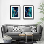Set 2 Cuadros Abstracto Mármol Azul Turquesa Con Paspartu 53x43cm Cada Cuadro Negro