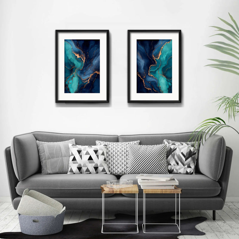 Set 2 Cuadros Abstracto Mármol Azul Turquesa Con Paspartu 53x43cm Cada Cuadro Negro