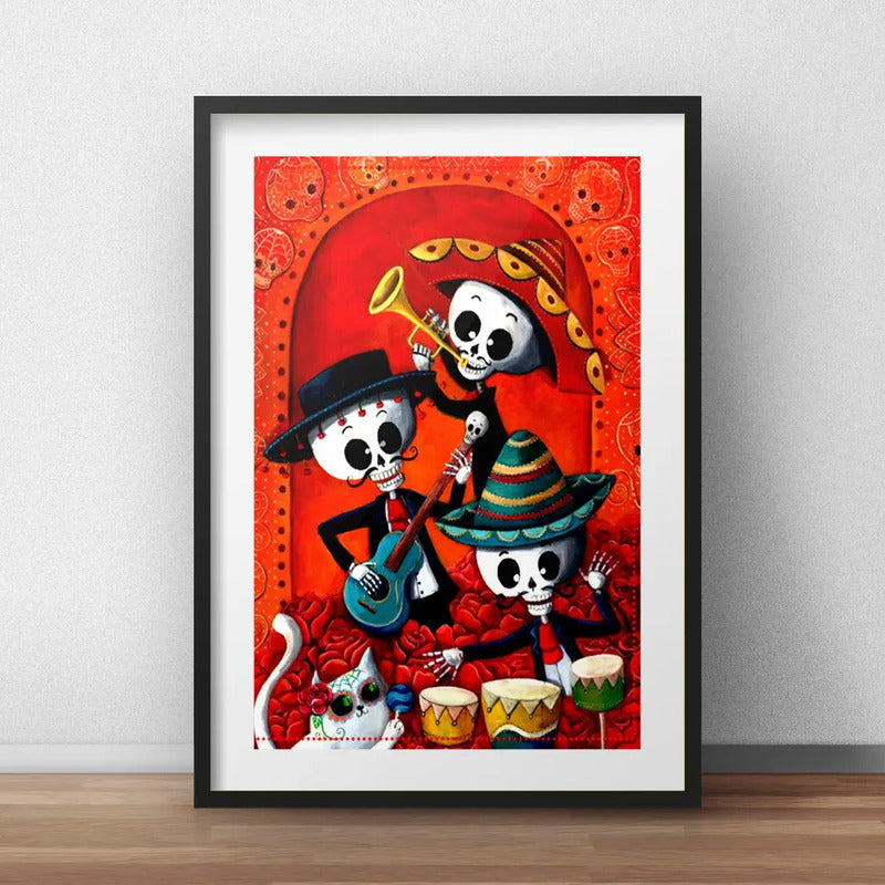 Cuadro Banda Calaveras Mexicanas Tattoo Decoracion Paspartú Marco Negro