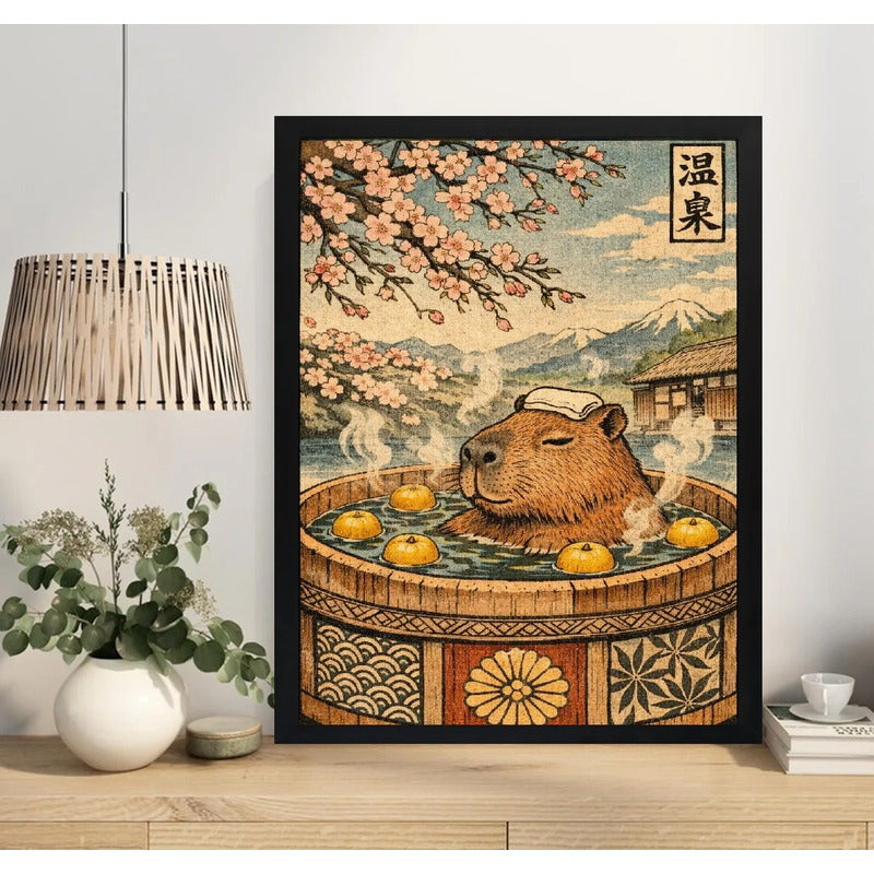 Cuadro Carpincho Banera Flores Cerezo Bano Japón Decoracion Marco Negro
