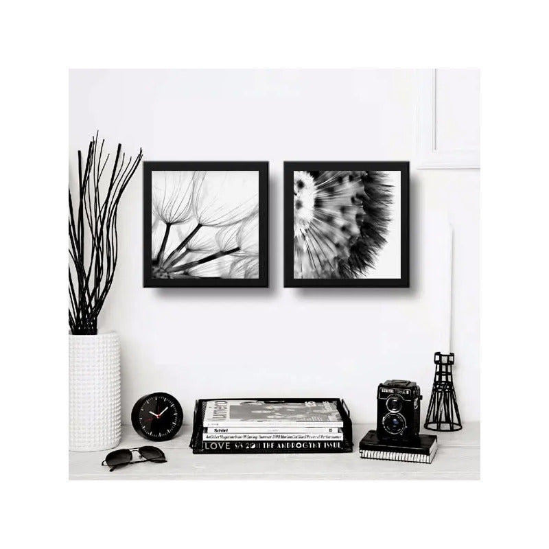 Set 2 Cuadros Flores Diente De Leon Blanco Y Negro Arte