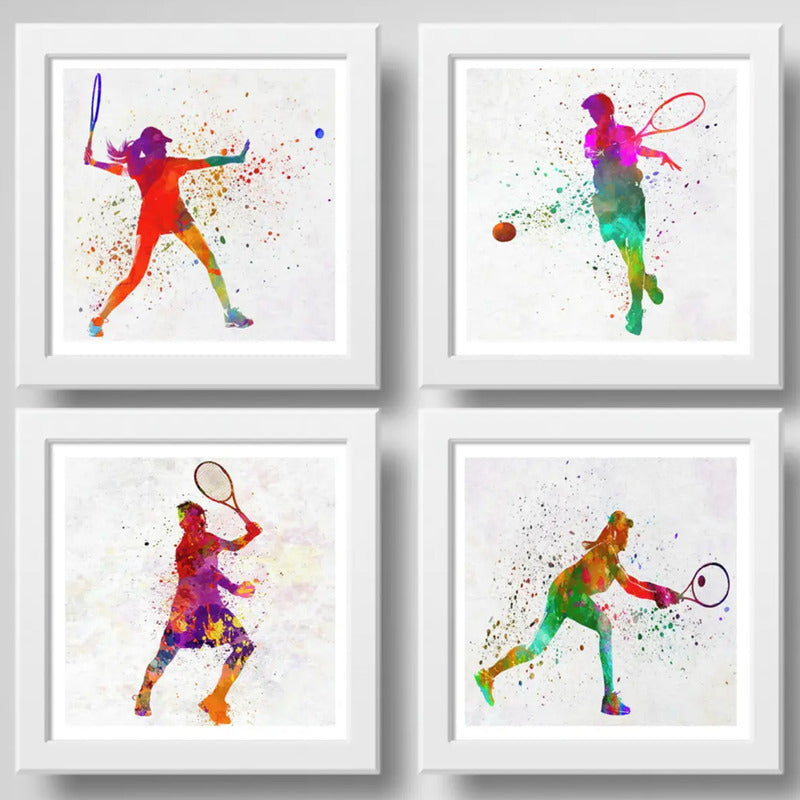 Set 4 Cuadros Tenis Pop Art Tenista Raqueta Club Deporte