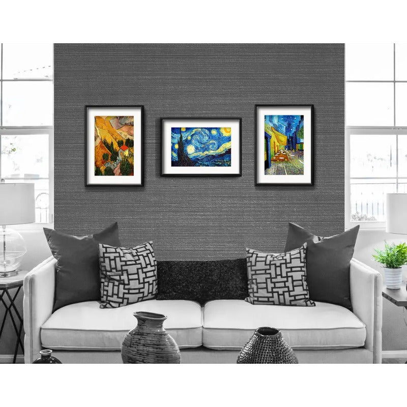 Set 3 Cuadros Van Gogh Obras Noche Estrellada Terraza Café 43x33cm Con Paspartú Marco Negro