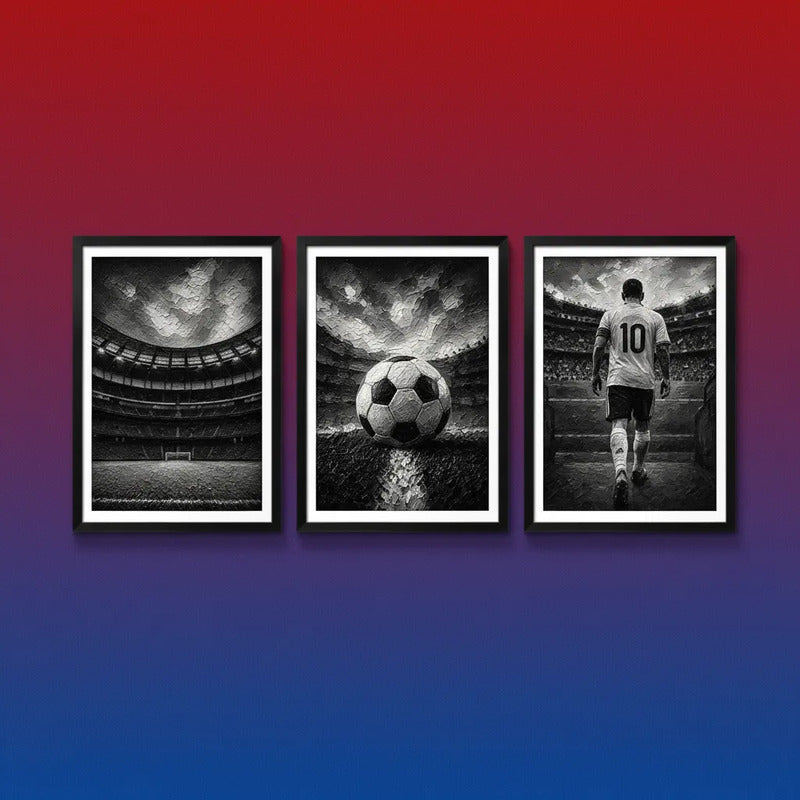 Set 3 Cuadros Fútbol Blanco Y Negro  Textura Pelota Jugador Marco Negro