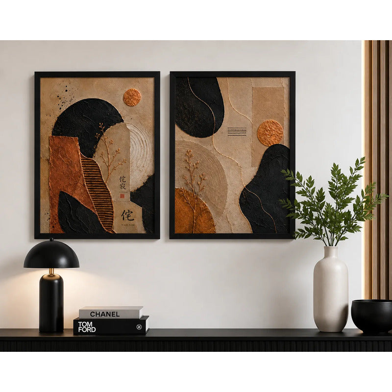 Set 2 Cuadros Boho Abstracto Texturas Bronce Decora Living Marco Negro
