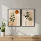 Set 2 Cuadros Living Abstracto Boho Eucalipto Beige Neutro Marco Negro