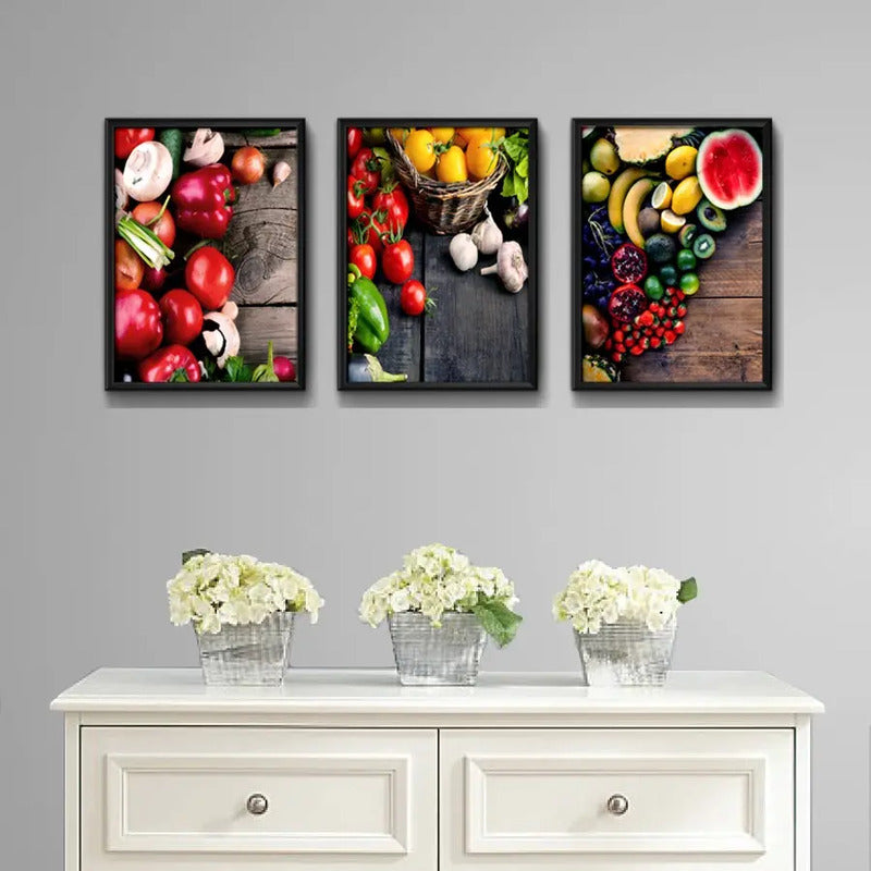 Set 3 Cuadros Frutas Verduras Cocina Gourmet Decoracion Marco Negro