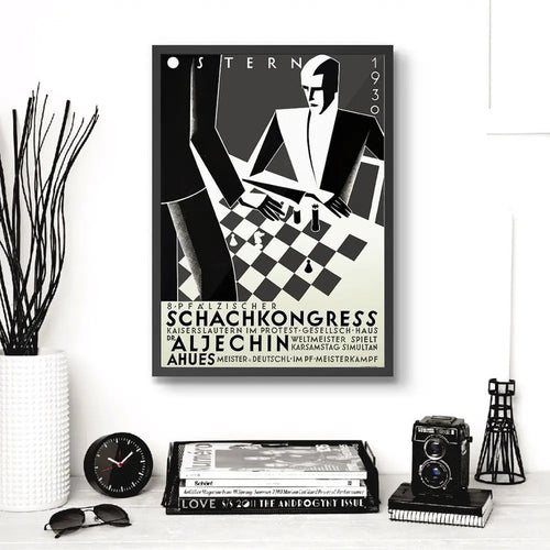 Cuadro Ajedrez Adolf Stern 1930 Alemania Vintage Retro Decor Marco Negro