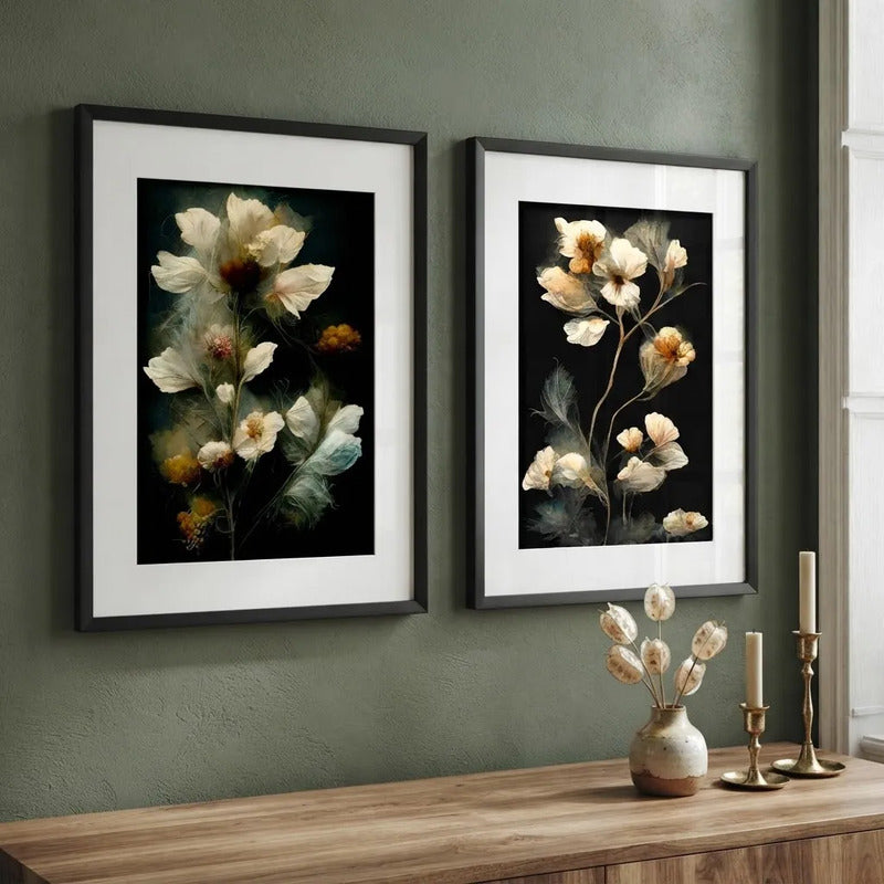 Set 2 Cuadros Flores Sagittaria Dry Flor Seca Con Paspartú Marco Negro