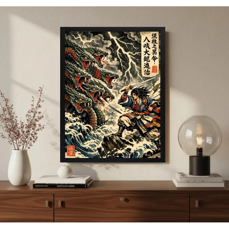 Cuadro Samurai Guerrero Dragón 8 Cabezas Japón Mistico Arte Marco Negro