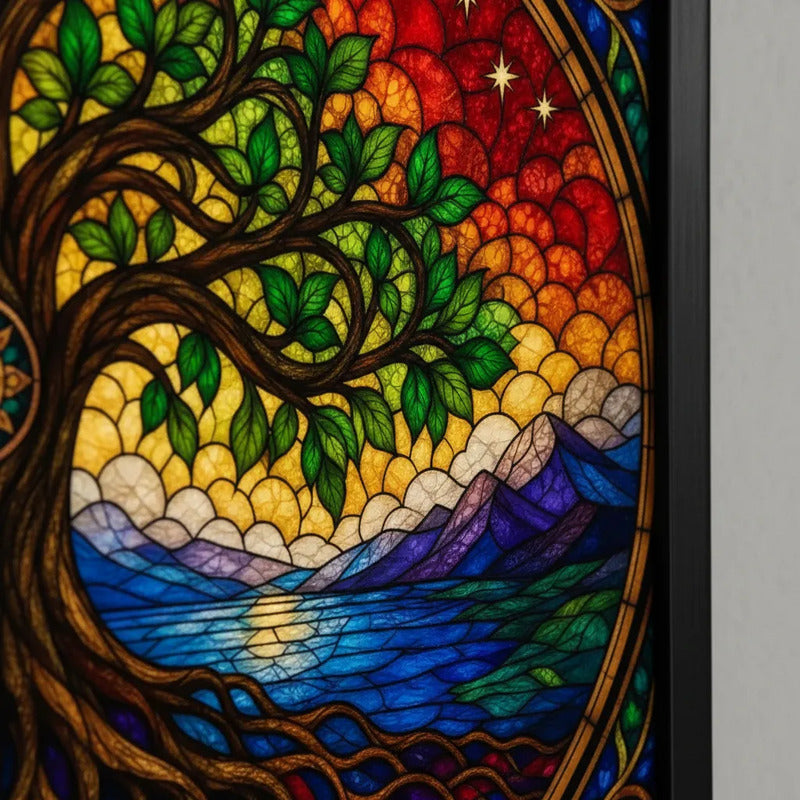Set 2 Cuadros Arbol De La Vida Estilo Vitral Mural Díptico Marco Negro