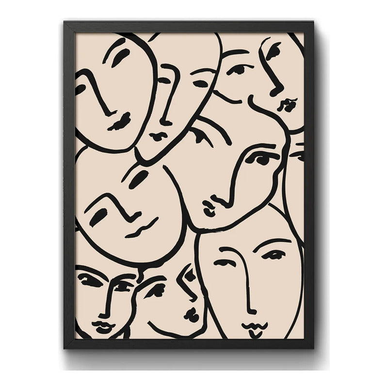 Cuadro Arte Abstracto Con Líneas De Rostro Tonos Neutros Marco Negro