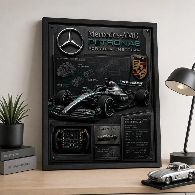 Cuadro Mercedes Amg Formula 1 Auto Icónico Specs Efecto 3d Marco Negro