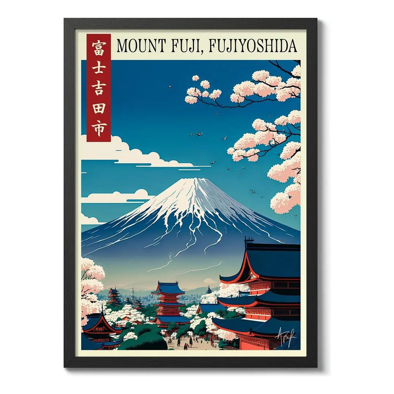 Cuadro Monte Fuji Sakura Fujiyoshida Arte Japonés Decoracion Marco Negro