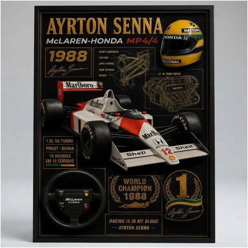 Cuadro Senna Formula 1 Mclaren Honda Mp4/4 Specs Efecto 3d Marco Negro