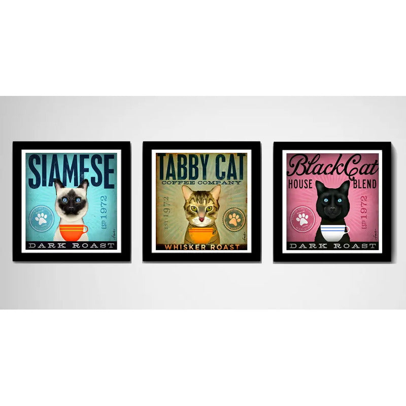 Set 3 Cuadros Gato Cafe Gatito Caferia Bar Pet Decoracion