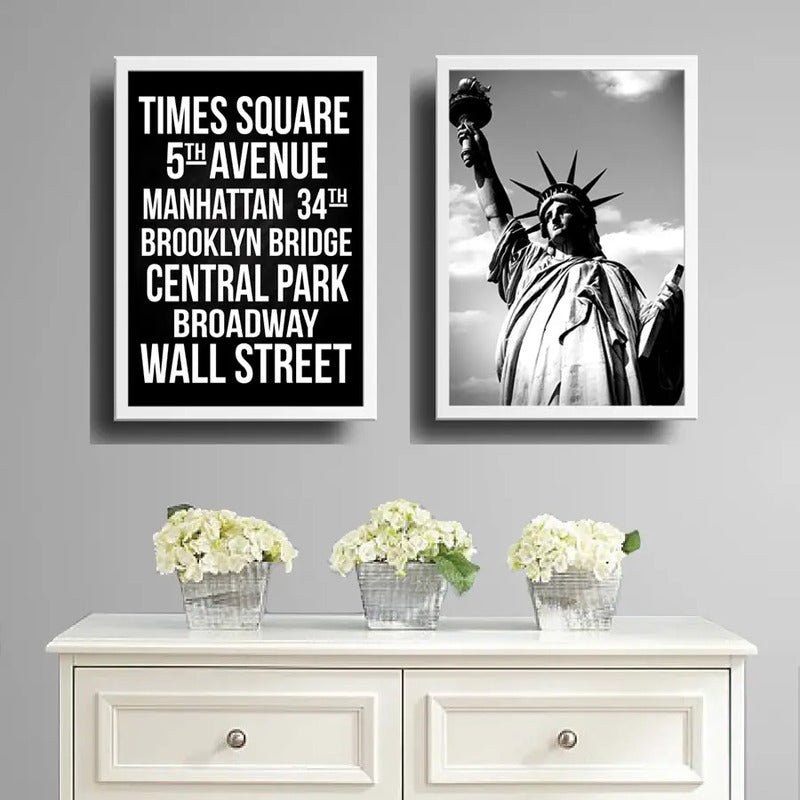 Set 2 Cuadros Nueva York Estatua Libertad Blanco Y Negro