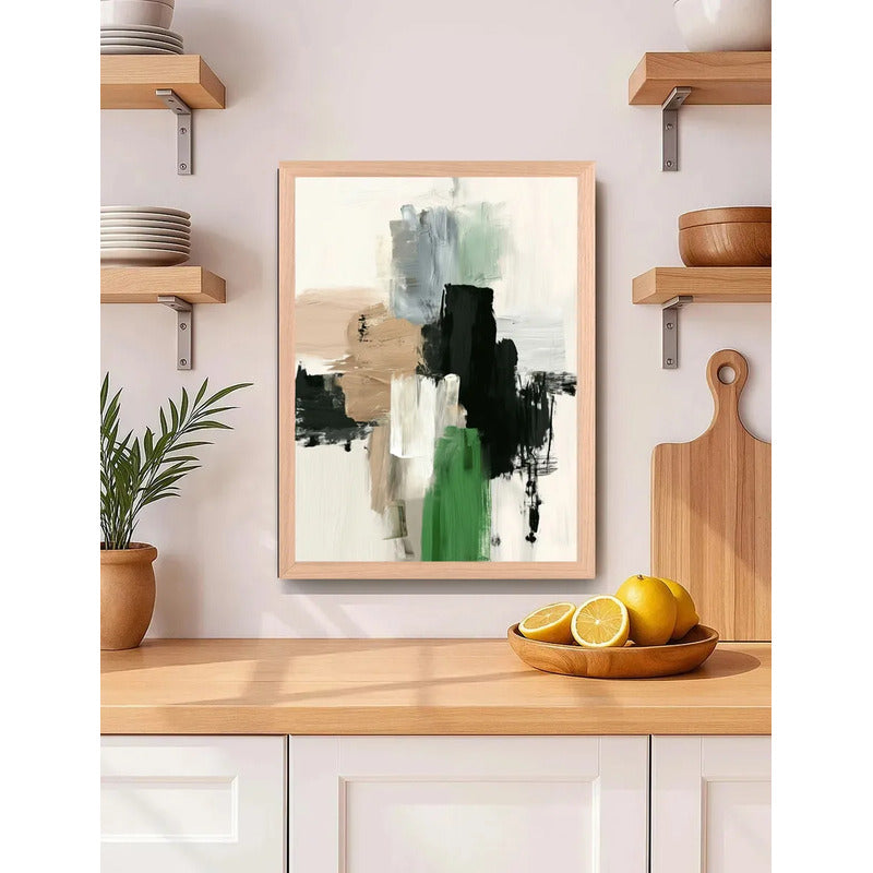 Cuadro Dormitorio Living Boho Abstracto Urban Moss Beige Oak Marco Marrón Claro