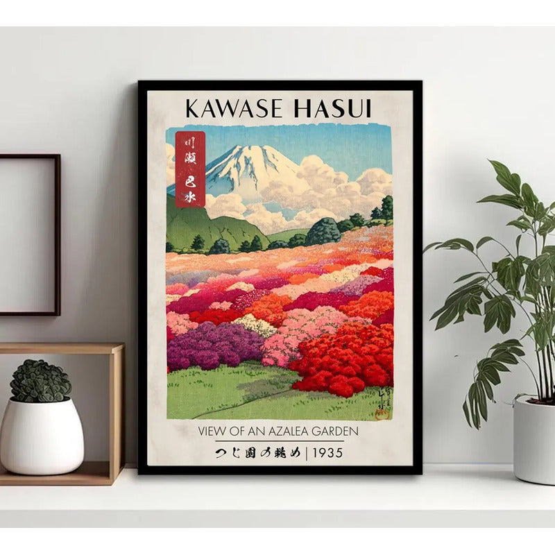 Cuadro Kawase Hasui Arte Japónes Vista De Jardín De Azaleas Marco Negro