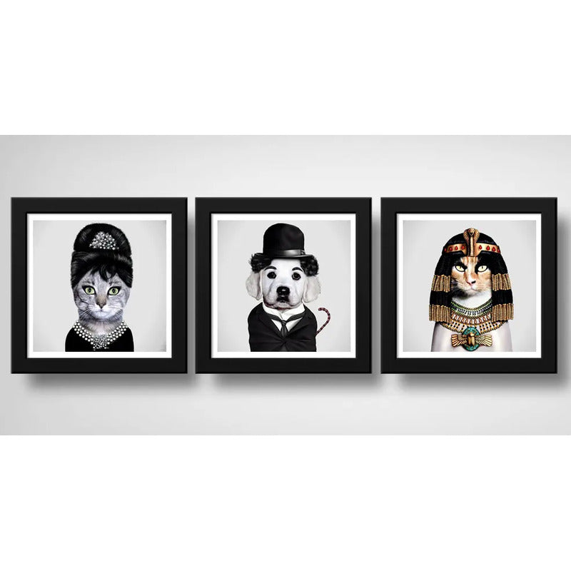Set 3 Cuadros Perro Chaplin Gatas Audrey Hepburn Y Cleopatra