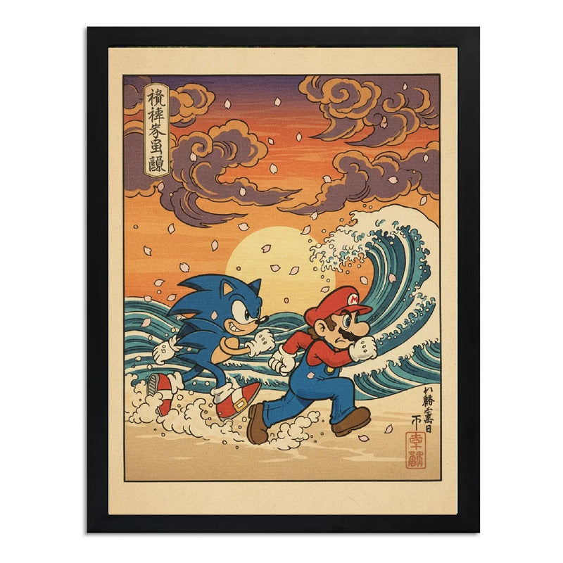 Cuadro Mario Sonic Playa Juego Game Ola Kanagawa Mar Japón Marco Negro