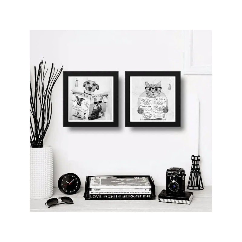 Set 2 Cuadros Perro Gato Baño Blanco Y Negro Mascotas Pet
