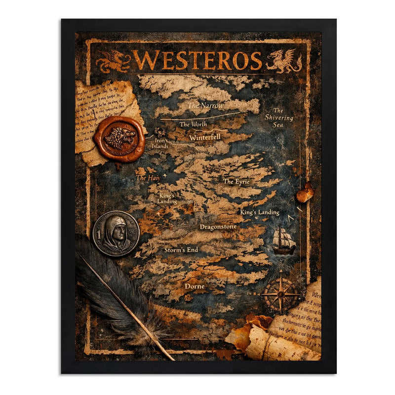 Cuadro Game Of Thrones Mapa De Westeros Série Arte Retro Marco Negro