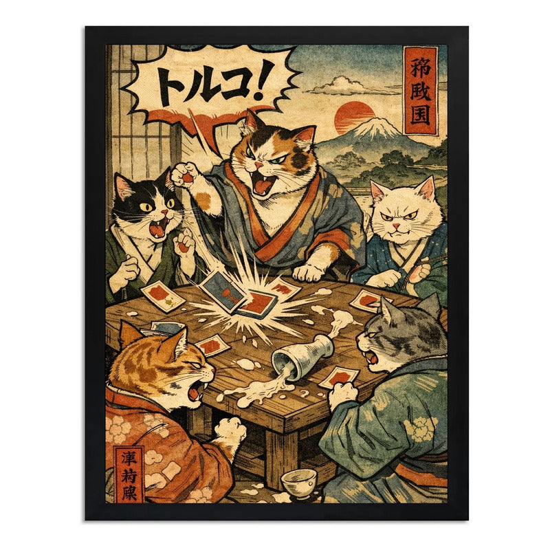 Cuadro Gatos Truco Juego De Naipes Paisaje Japón Fuji Arte Marco Negro