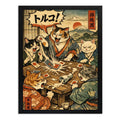 Cuadro Gatos Truco Juego De Naipes Paisaje Japón Fuji Arte Marco Negro