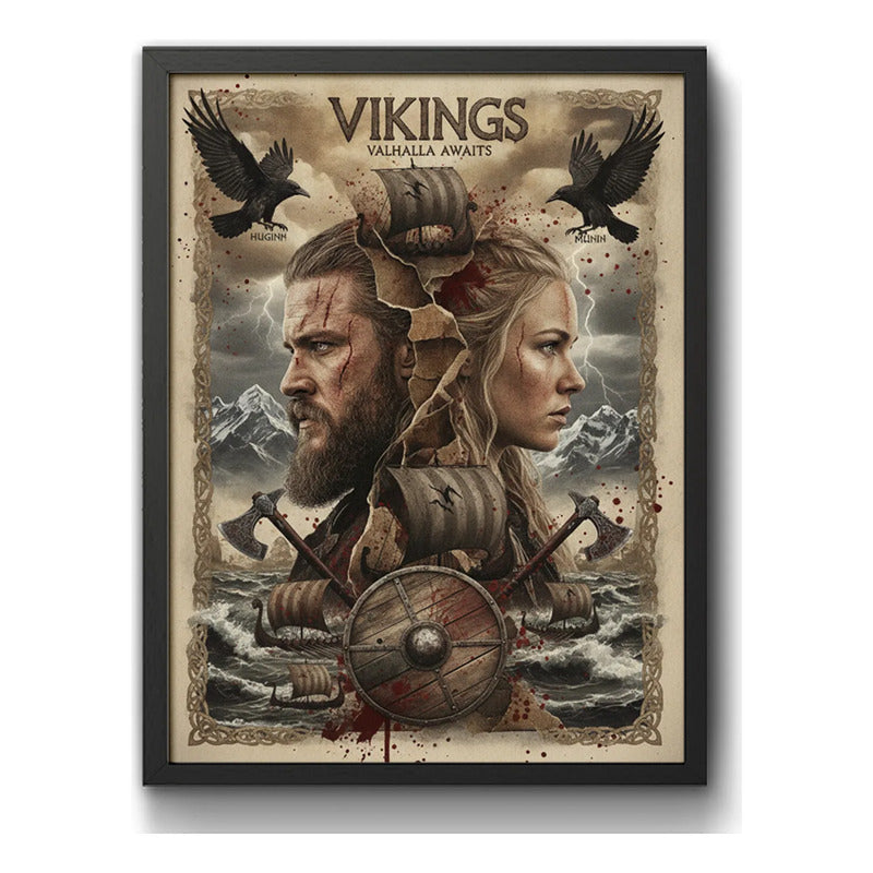 Cuadro Vikings Serie Tv Vikingos Arte Medieval Decoracion B2 Marco Negro