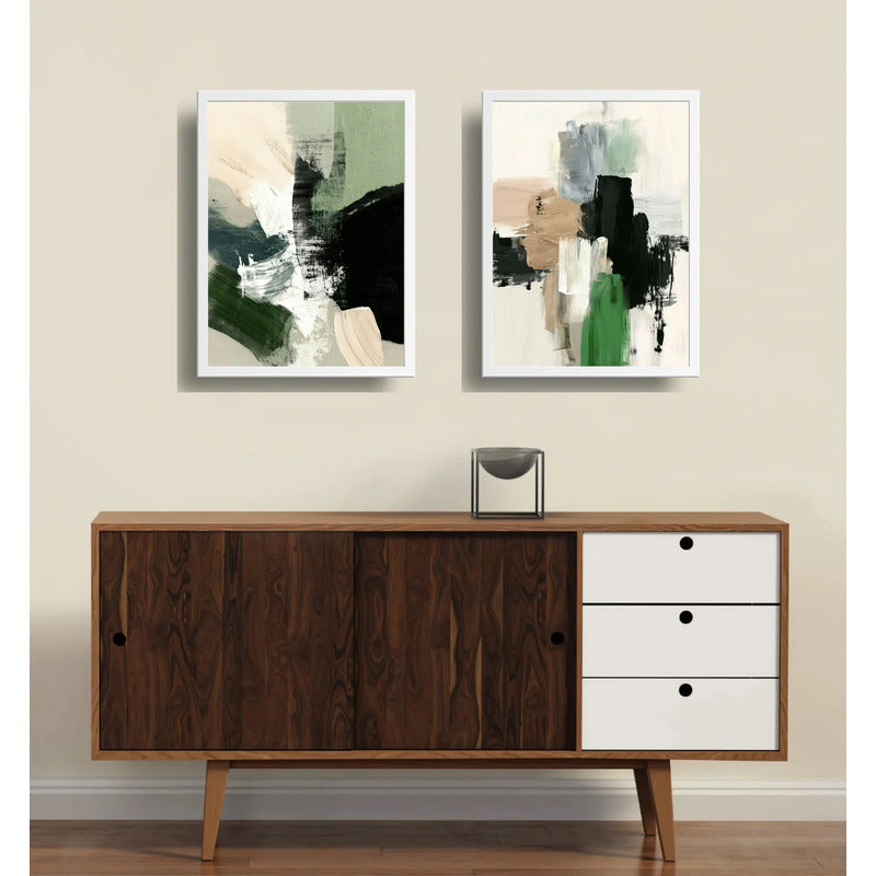 Set 2 Cuadros Dormitorio Living Abstracto Mossy Calm 2 Verde Marco Blanco