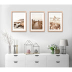Set 3 Cuadros Paisajes De Playa Tonos Beige Neutros Dunas Marco Madera Natural Oak