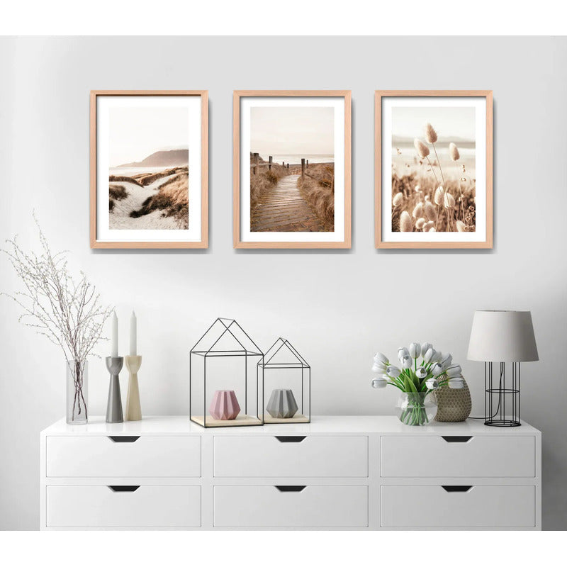 Set 3 Cuadros Paisajes De Playa Tonos Beige Neutros Dunas Marco Madera Natural Oak