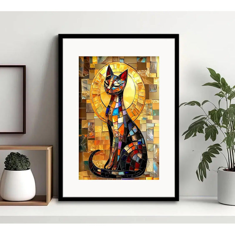 Cuadro Gato Geometrico Abstracto Decoracion Con Paspartú Marco Negro