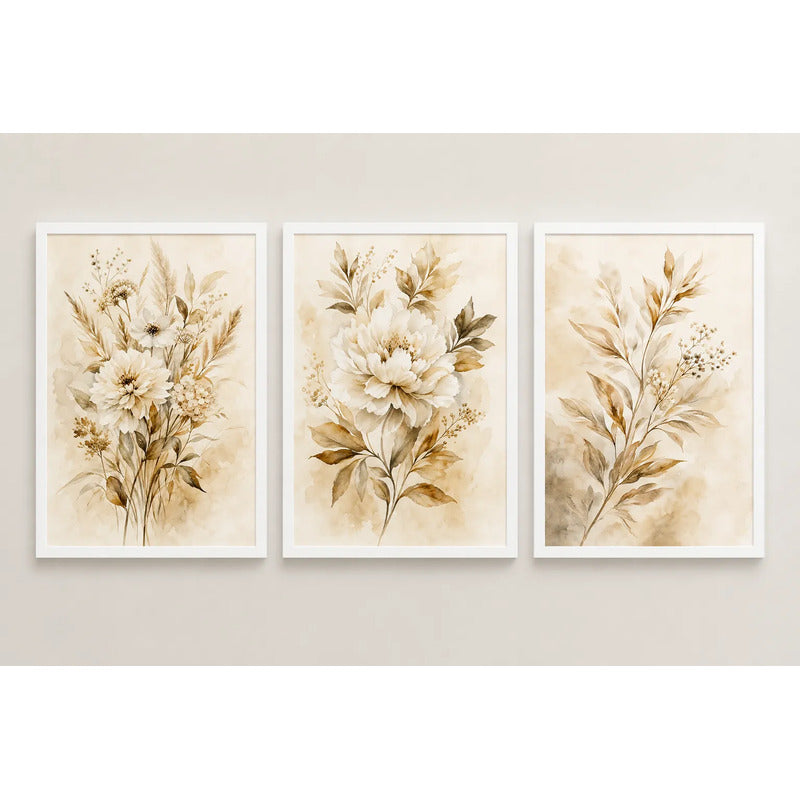 Set 3 Cuadros Living Dormitorio Flores Beige Crema Abstracto Marco Blanco